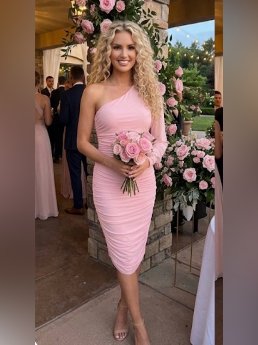 BTFM Pink Sheer One Shoulder Ruched Dress Size Small